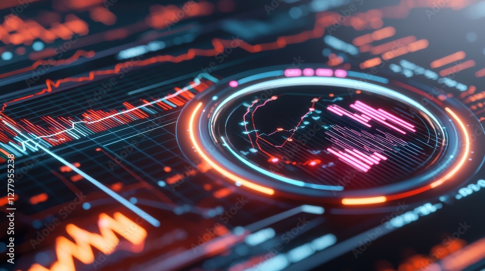 Poster futuristic digital financial analytics and market data visualization interface