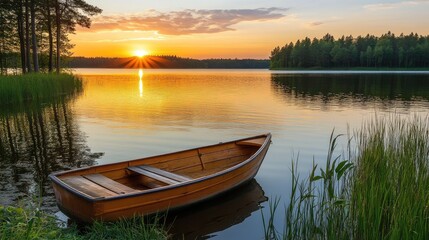Obraz premium A peaceful lake with a small boat floating under a golden sunset.