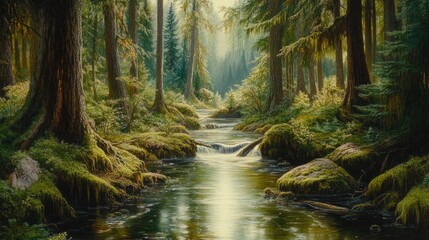 Obraz premium Forest stream flows peacefully beneath tall trees and mossy rocks