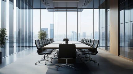 Fototapeta premium Modern conference room with city view and large table for meetings