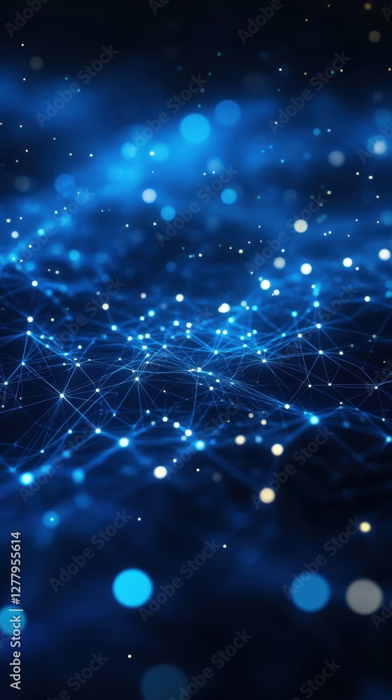 Poster abstract blue network background with glowing dots and lines symbolizing connectivity and technology
