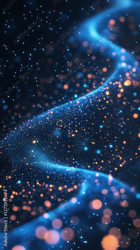 Poster abstract digital wave with glowing particles in dark blue and orange tones creating a dynamic and mo