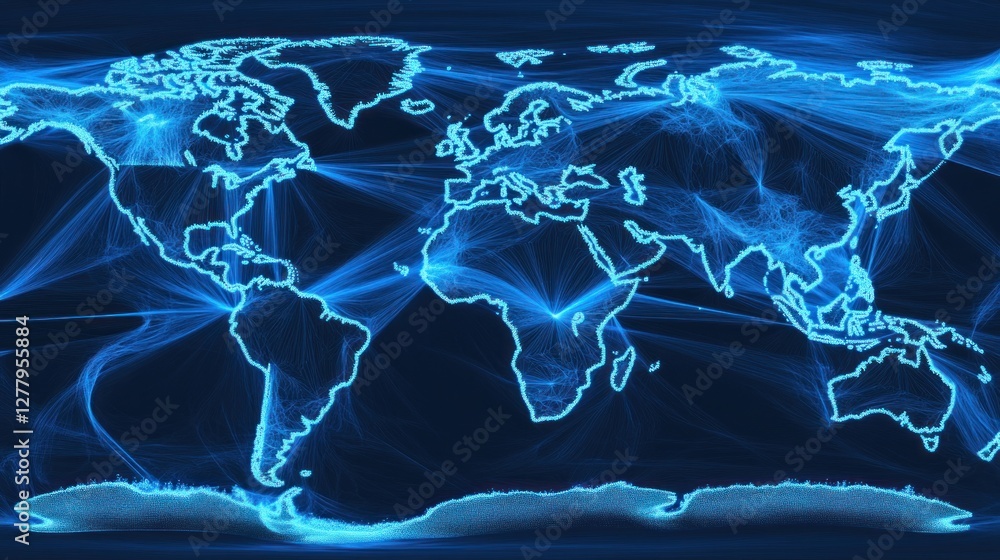 Poster illuminated world map shows global network with flowing blue lines