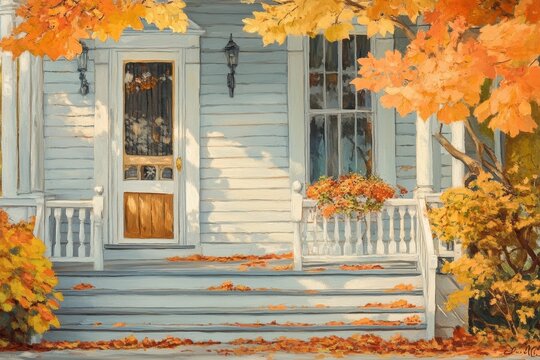 Charming 19th Century Wooden House in Autumn Colors with Classic Porch and Brightly Painted Details