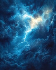 Fototapeta premium Dramatic sky with vibrant lightning strike illuminating dark blue clouds in a powerful display of nature's force creating a captivating and atmospheric scene