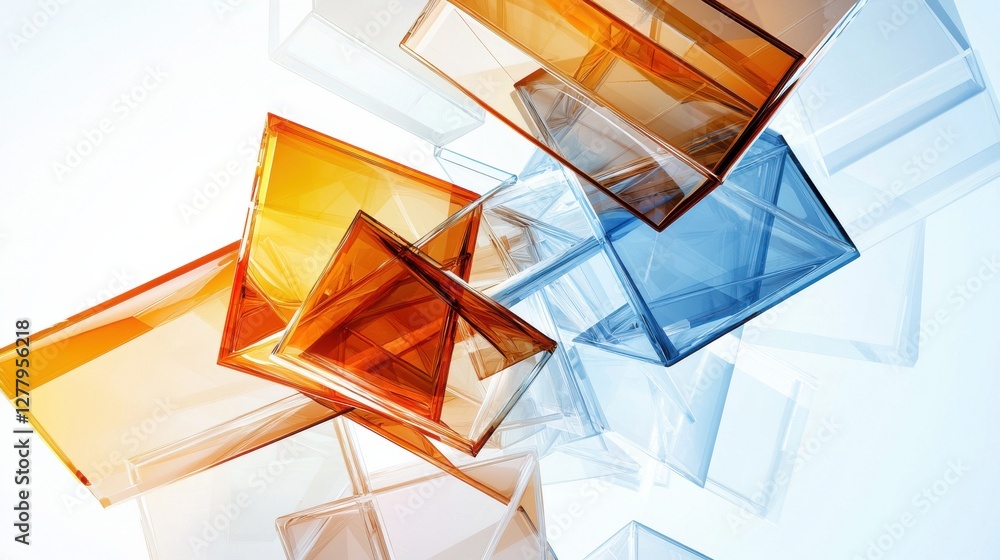 Poster vibrant abstract geometric composition with overlapping transparent colored glass shapes and prisms 