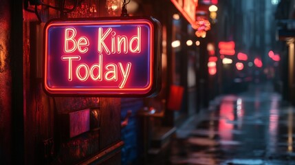 Bright neon sign reminds passersby to be kind today in a rainy urban alleyway during the evening hours