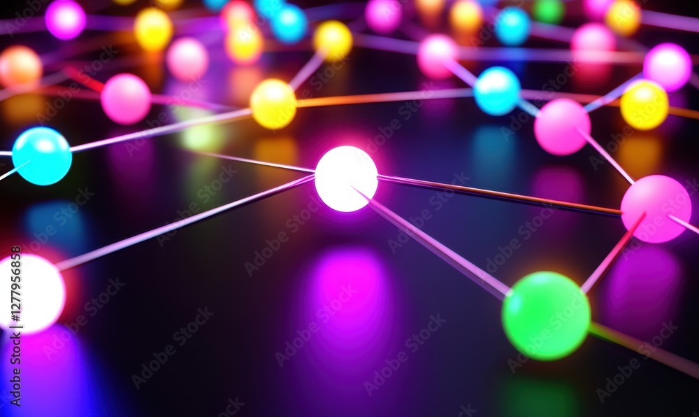 Poster colorful glowing spheres connected by strings on a dark surface, creating a vibrant network