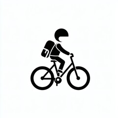 Obraz premium Bicyclist riding on a black bicycle with a backpack against a minimalistic background