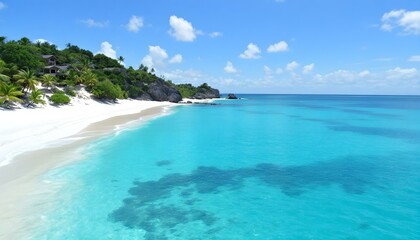 Fototapeta premium Playa de arena blanca con agua turquesa y cielo azul