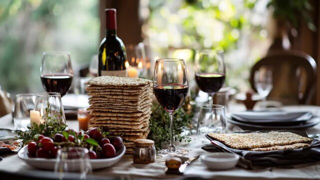 A beautifully set table with stacked matzo, glasses of red wine, and elegant candles in a cozy setting.