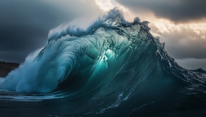 Fototapeta premium Ocean wave breaking, dramatic coastal scene, sunset sky, nature photography