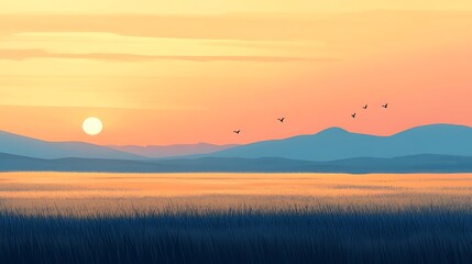 Fototapeta premium Serene Sunset Over Golden Grasslands And Distant Mountains