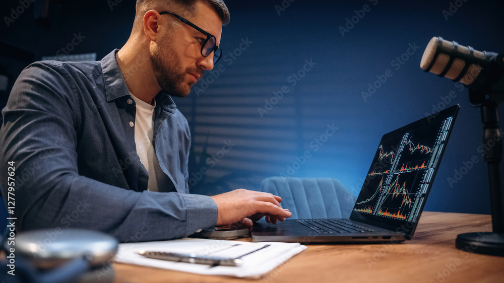 Poster trading expert is analyzing data. man with microphone in the studio, conception of podcast