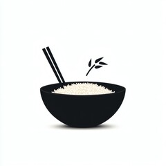 Bowl of white rice with chopsticks and decorative leaf on a plain background