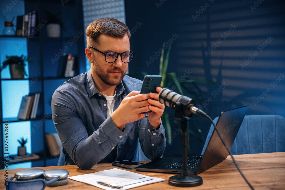 Poster trading expert is analyzing data. man with microphone in the studio, conception of podcast