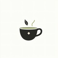 Hot beverage steaming in a stylish black cup with a decorative leaf and gentle swirls of steam