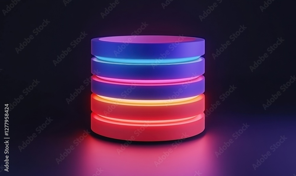Poster colorful illuminated circular objects stacked on a dark background, showcasing vibrant lighting