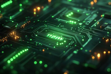 Abstract motherboard circuit board with glowing green and orange lights showcasing modern technology and connectivity