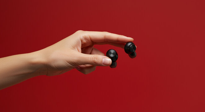 Earbuds held in hand on red background. Wireless earbuds in hand close up. Earbuds design held by fingers