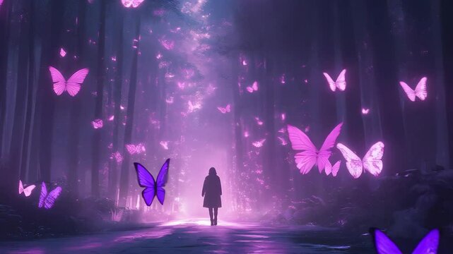 A young Caucasian female walks through a mystical forest path illuminated by glowing purple butterflies. This ethereal scene symbolizes hope and resilience, perfect for Lupus awareness.