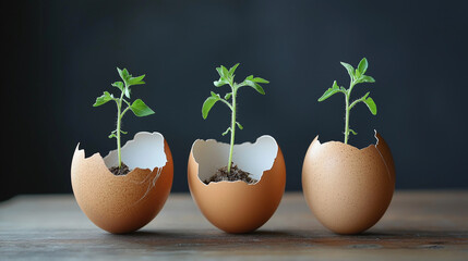 Plants growing in egg shells against dark background