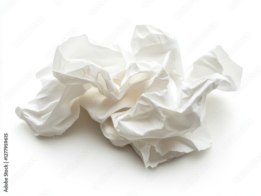 Poster crumpled white tissue paper on a clean white surface in bright studio light creating soft shadows ab