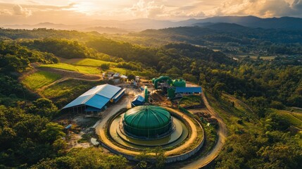 Aerial view showcases biogas plant amidst a lush green landscape