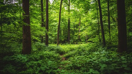 Fototapeta premium Lush green forest floor with tall standing trees