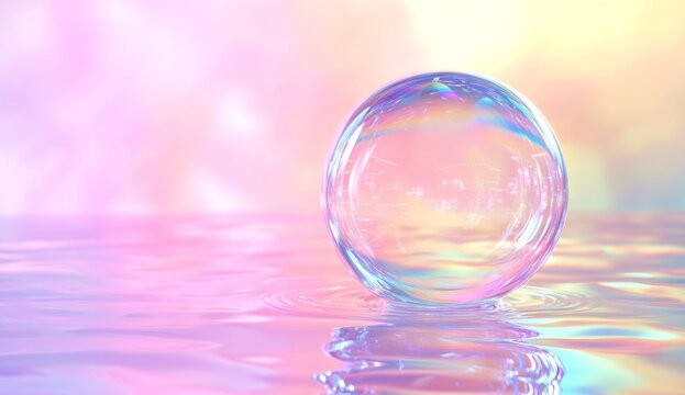 Iridescent bubble floats on pastel water, bokeh background, beauty ad