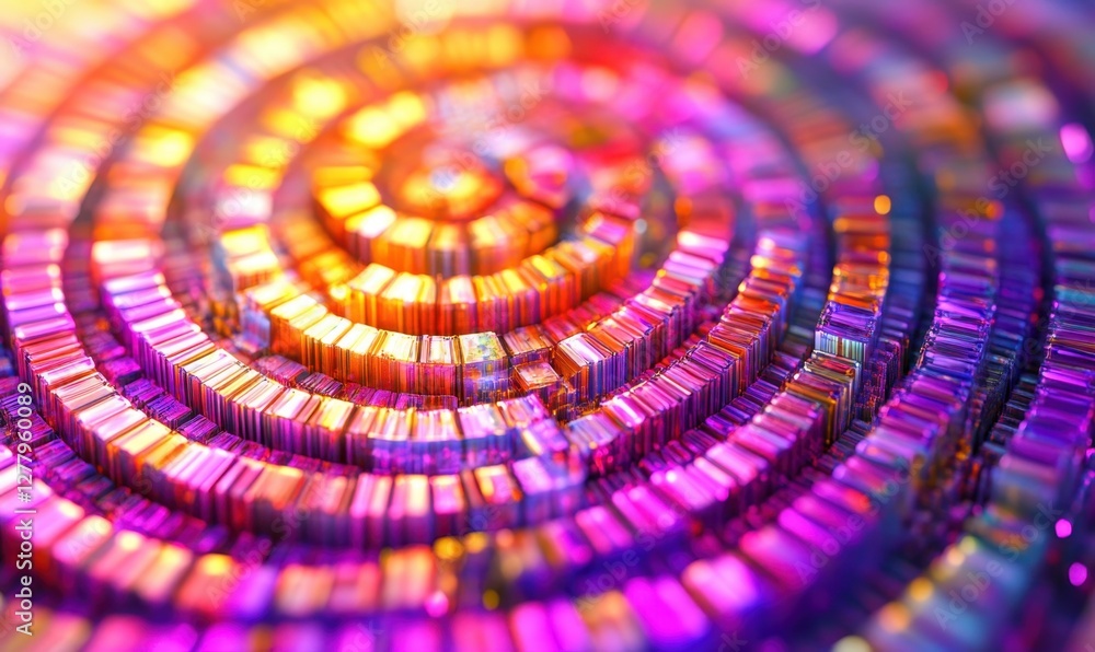 Poster colorful spiral pattern created with metallic blocks reflecting vibrant light in a dynamic backgroun