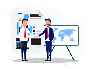 Business agreement concept. Two people shaking hands in front big document of business strategy.