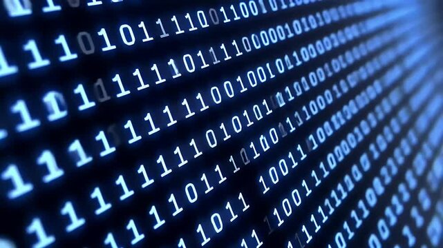 Abstract representation of binary code cascading in a digital environment with glowing blue tones