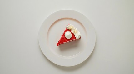Minimalist top-down shot of a slice of red velvet cake with cream cheese frosting on a white plate.