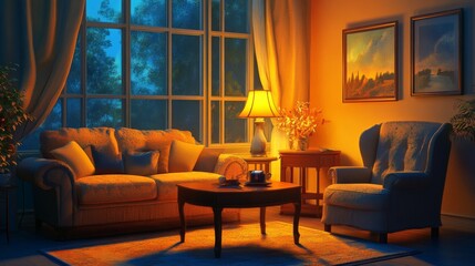 Cozy and inviting living room with a comfortable sofa, plush armchair, and a table illuminated by warm lamps in the evening.