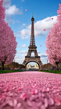 Romantic Paris spring scene with Eiffel Tower framed by pink cherry blossoms, ideal for Valentine's Day and travel inspiration