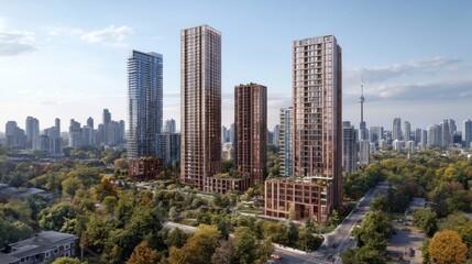 Fototapeta premium Modern condominium towers rise above a green urban landscape