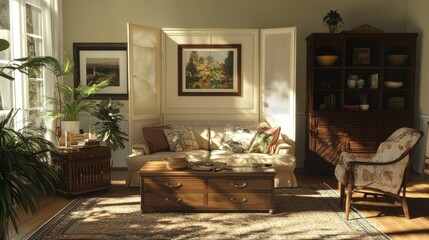 Cozy living room with a folding screen, comfy sofa, coffee table, and drawers for storage.