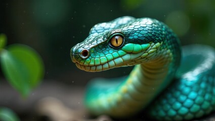 Obraz premium A Vibrant Green Snake with Striking Yellow Eyes Poses Gracefully Amidst Lush Foliage, Displaying its Intricate Scales and Captivating Gaze