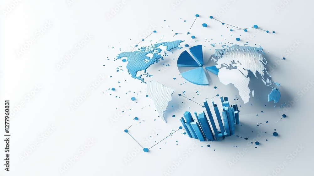 Poster analyzing global business data and digital networking on minimalist office desk