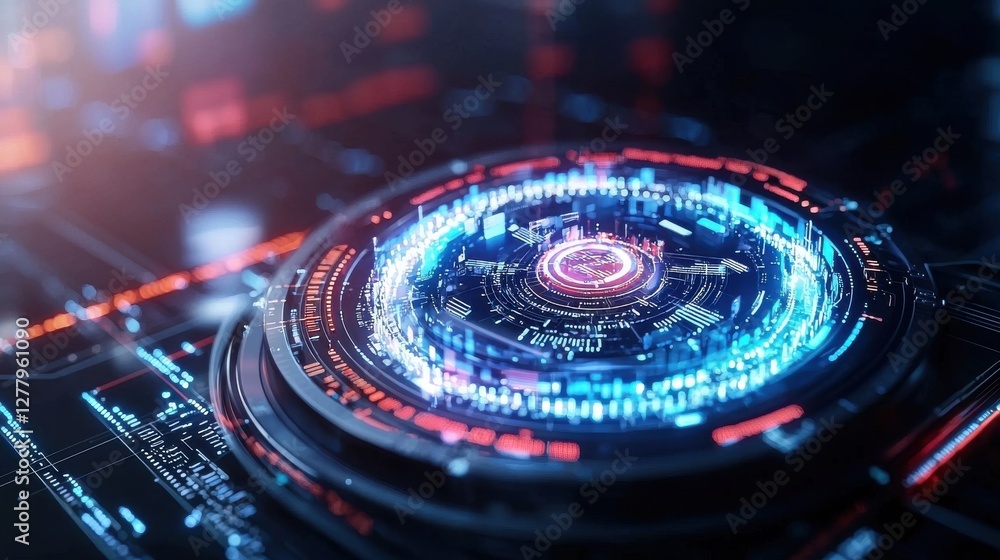 Poster futuristic holographic interface with radial digital data visualization