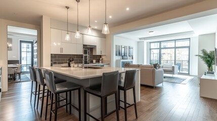 Fototapeta premium Elegant kitchen space with essential cookware and modern furnishings.