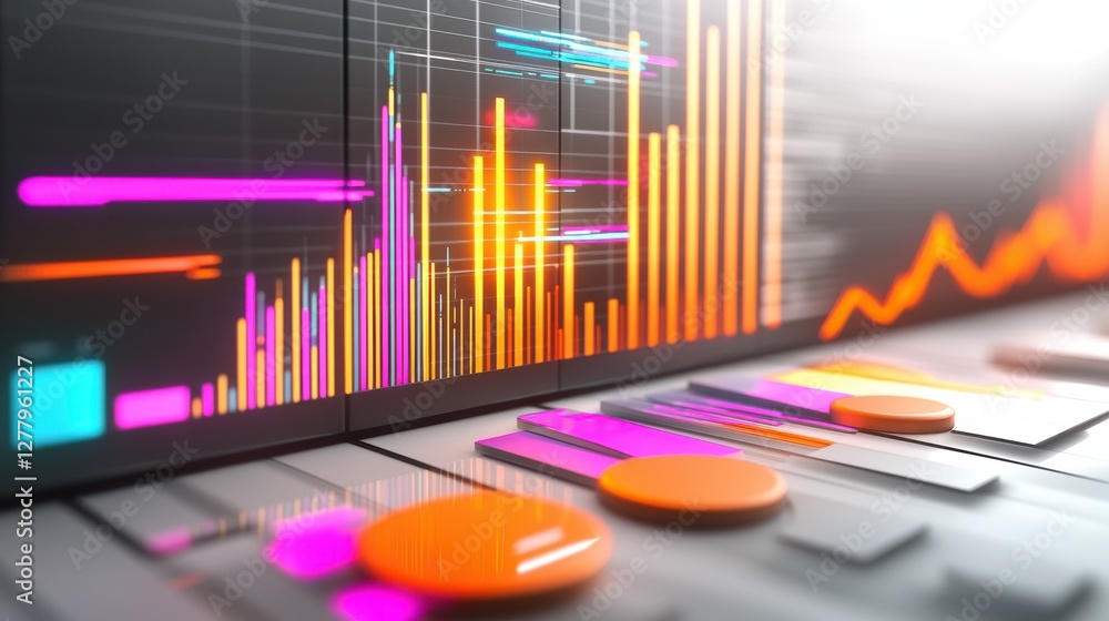 Poster futuristic data analytics and financial visualization dashboard with interactive charts and graphs