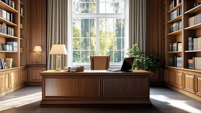 Home office Interior design and desk by window, tree view, studying or working background for Zoom call