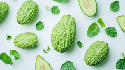 Fresh green chayote fruit on a white background. Perfect for showcasing natural vegetables and ingredients in cooking, agriculture, and healthy eating content.