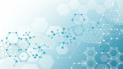 Background with a smooth transition of white and blue shades. Molecular structures add a scientific and medical concept.