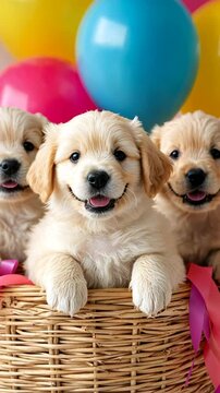 Golden retriever puppies sit adorably in a basket with colorful balloons, symbolizing celebration, joy, and companionship