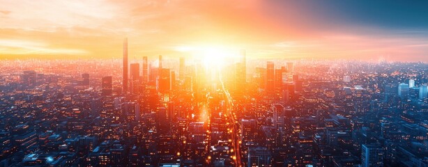 Fototapeta premium A stunning city skyline bathed in golden sunlight at sunset, showcasing skyscrapers against a vibrant sky.