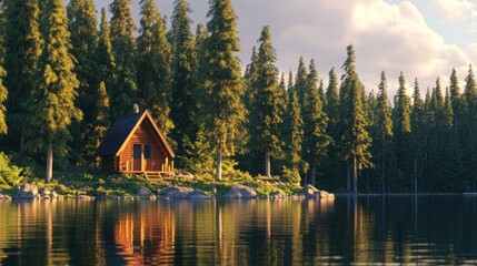 Fototapeta premium Wooden cabin sits peacefully on the lake shore at sunset
