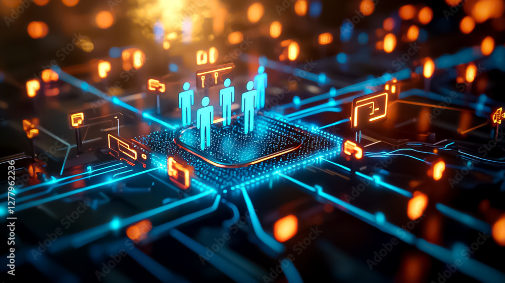 Poster abstract digital network glowing blue and orange lines connecting human figures on a processor.